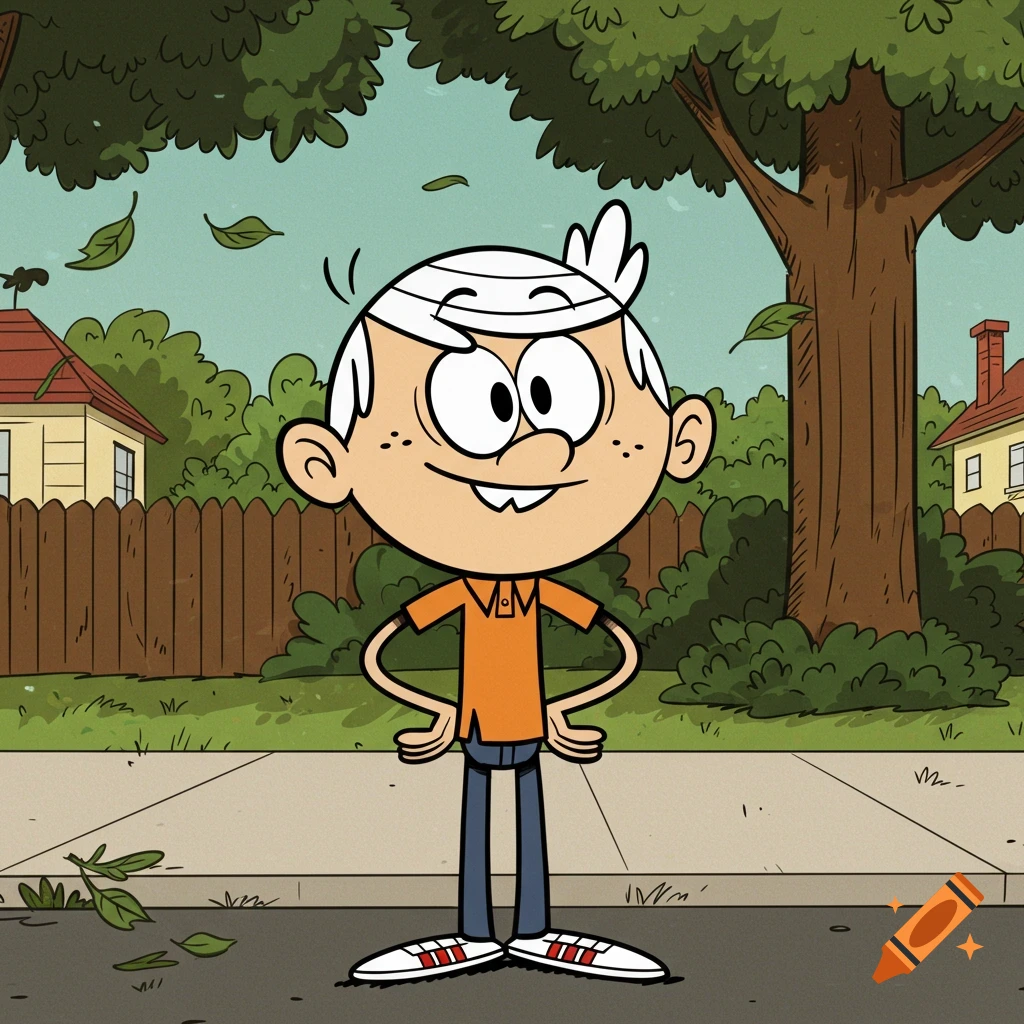 Cartoon character Lincoln Loud stands on a suburban sidewalk, hands on hips, smiling, with houses and trees in the background.