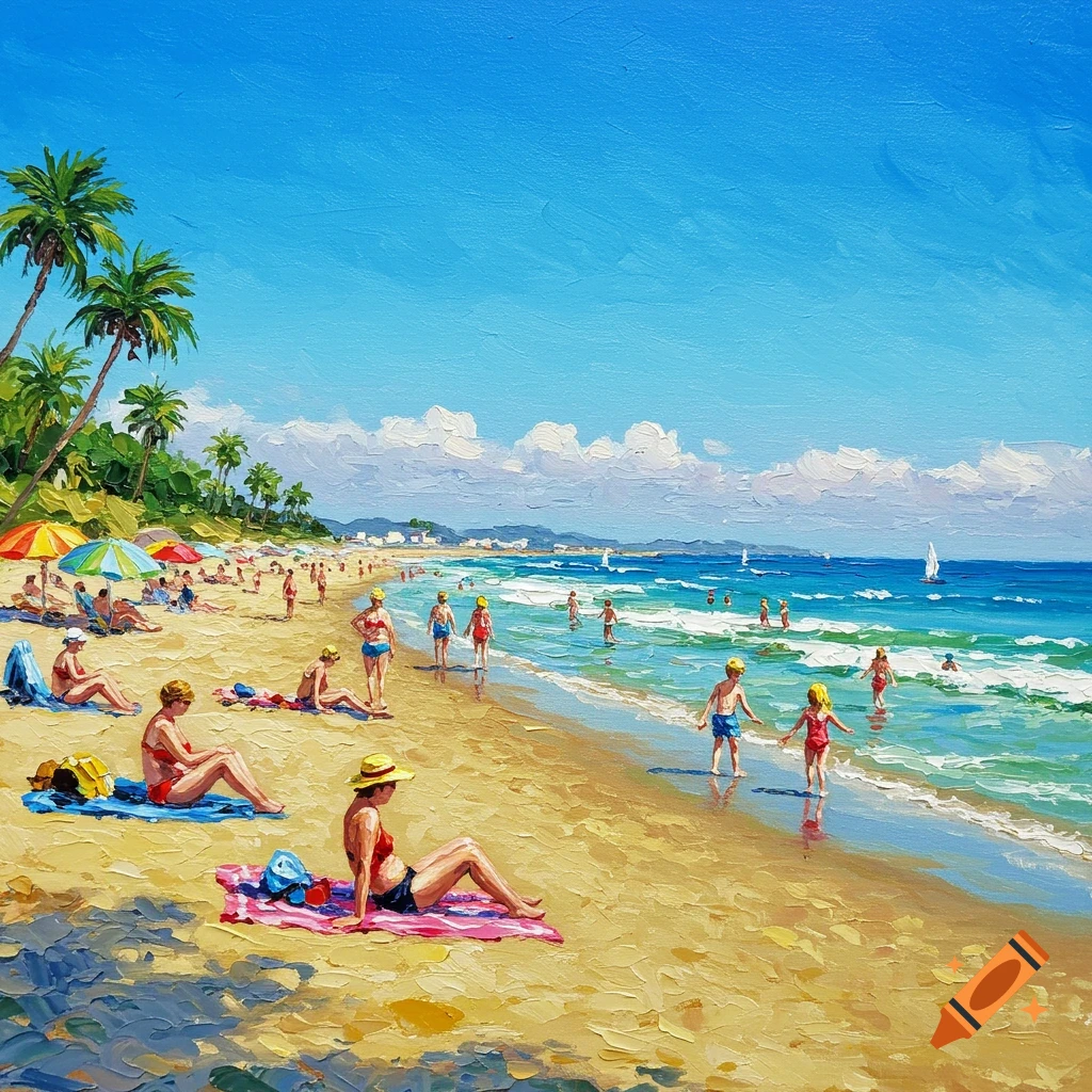 Impressionist painting of a vibrant beach scene with people relaxing on sand and children playing in the blue ocean under a sunny sky.