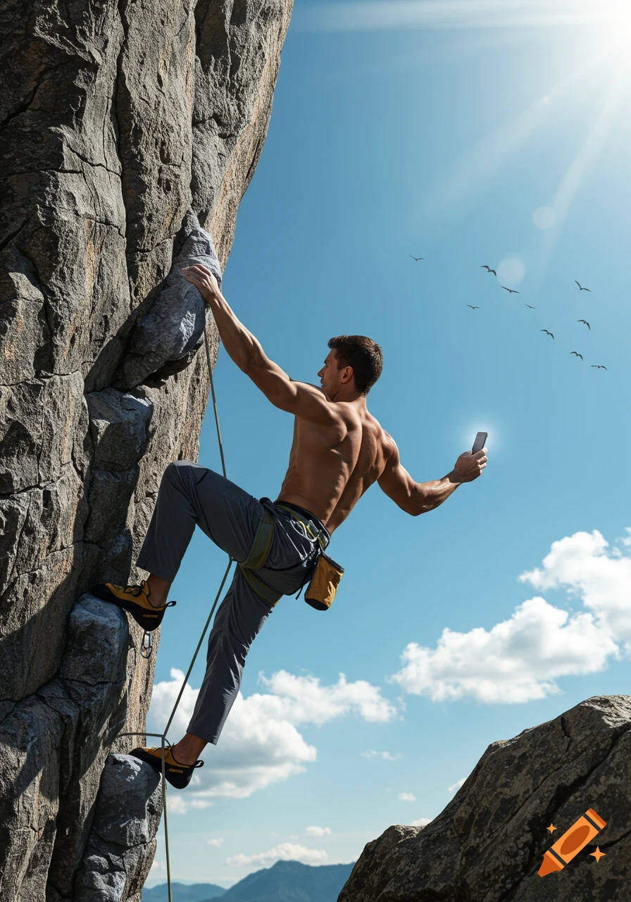 Photorealistic image of a shirtless man rock climbing a steep rock face, holding a glowing smartphone in one hand against a bright blue sky.