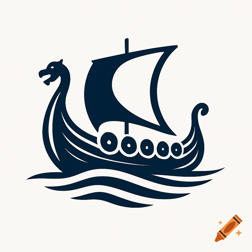 Stylized dark blue Viking longship logo with a dragon head prow, sail, and waves.