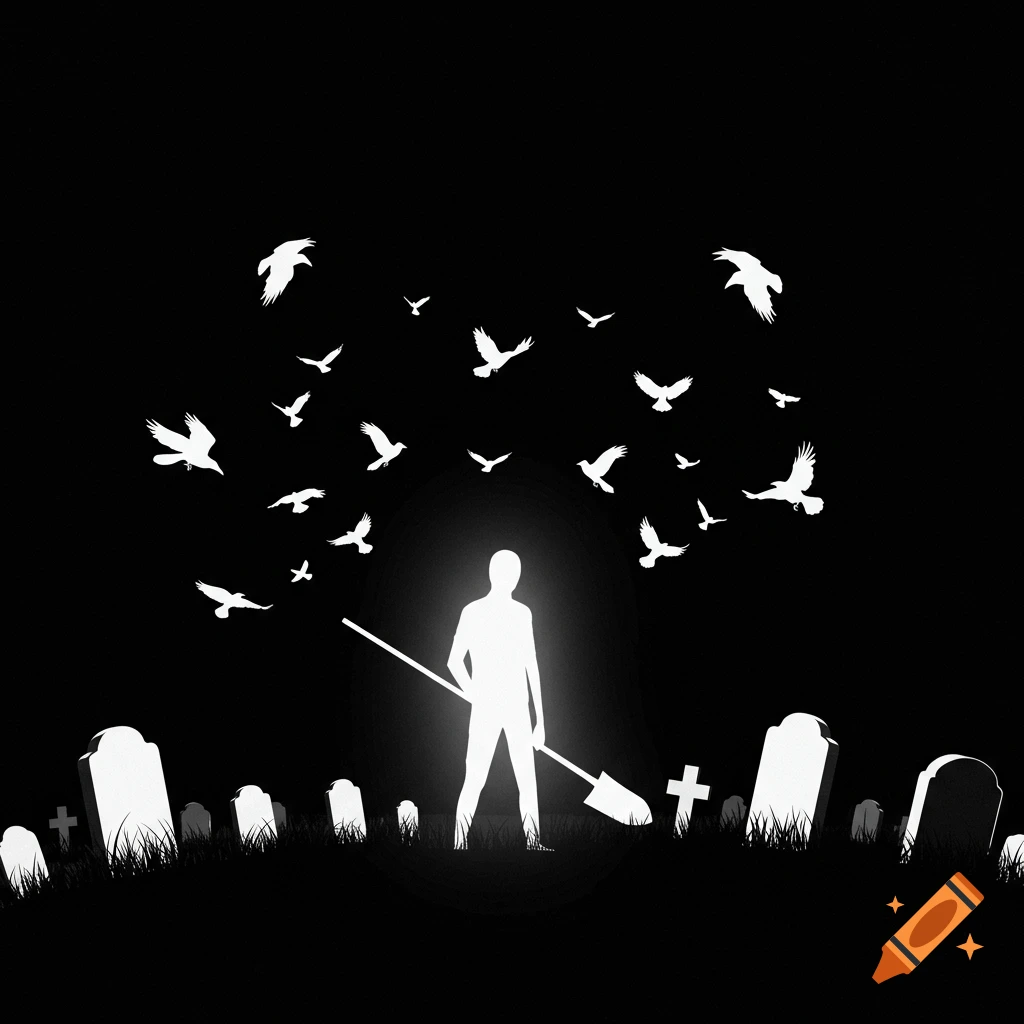 White silhouette of a person holding a shovel in a graveyard with white birds flying against a black background.