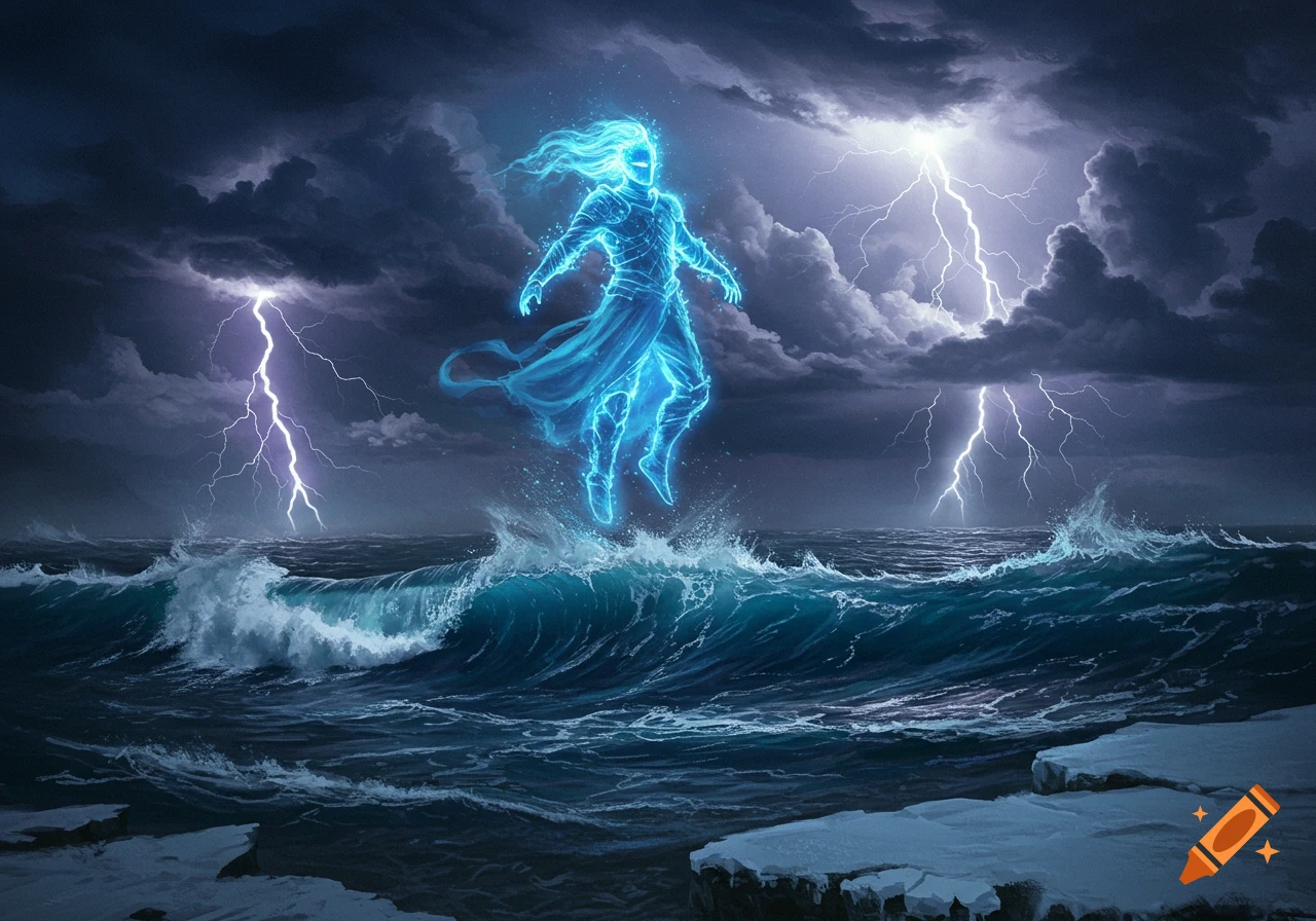 A glowing blue ghostly knight hovers above stormy ocean waves with lightning in the sky, in dramatic fantasy art.