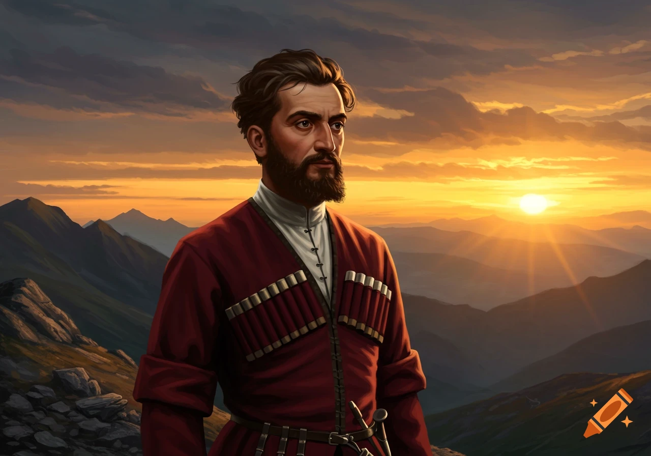 A man with a beard in traditional red Chokha clothing stands against a backdrop of mountains and a vibrant sunset.