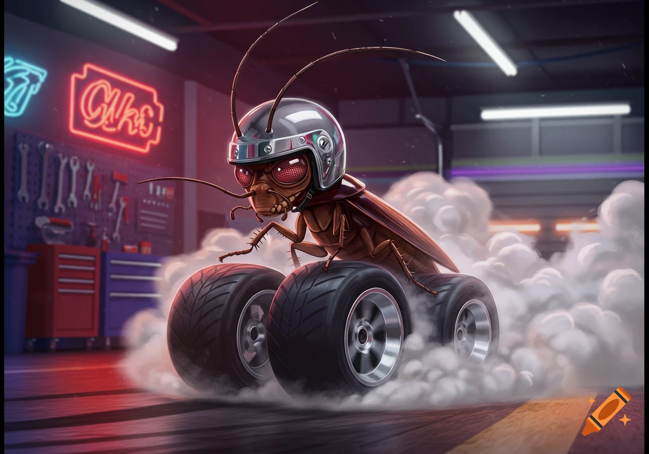 A cartoon cockroach wearing a helmet and big racing tires does a ...