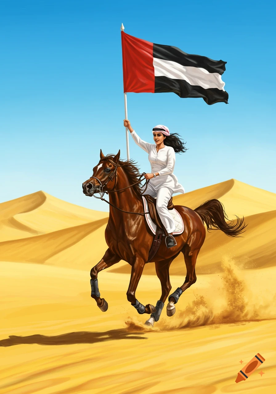 An Emirati woman on a brown Arabian horse gallops through a golden desert, holding a waving UAE flag, in a stylized illustration.