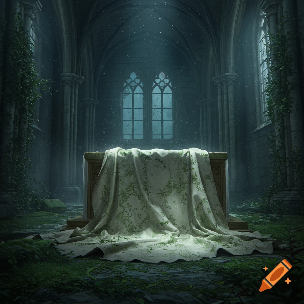 An old white sheet with green, mold-like patterns drapes over a stone altar in an overgrown, dark gothic cathedral with tall windows and columns.