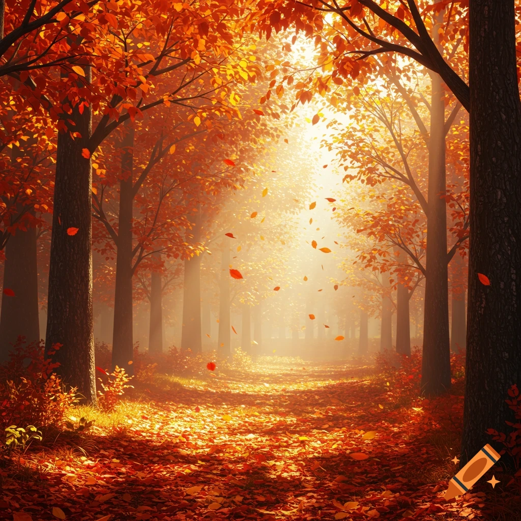 A path in an autumn forest with bright orange and yellow leaves ...