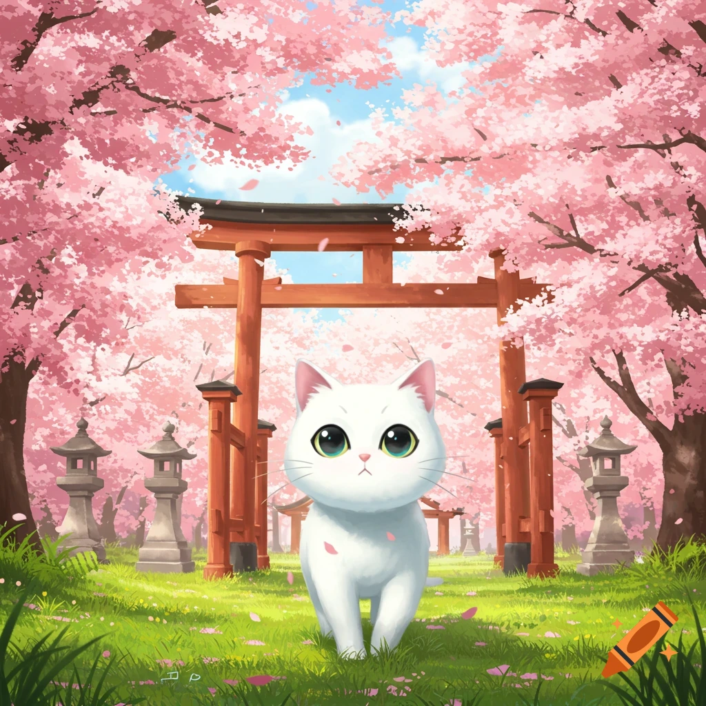 A cute white anime cat with large green eyes stands in a lush green garden filled with pink cherry blossom trees and red torii gates.