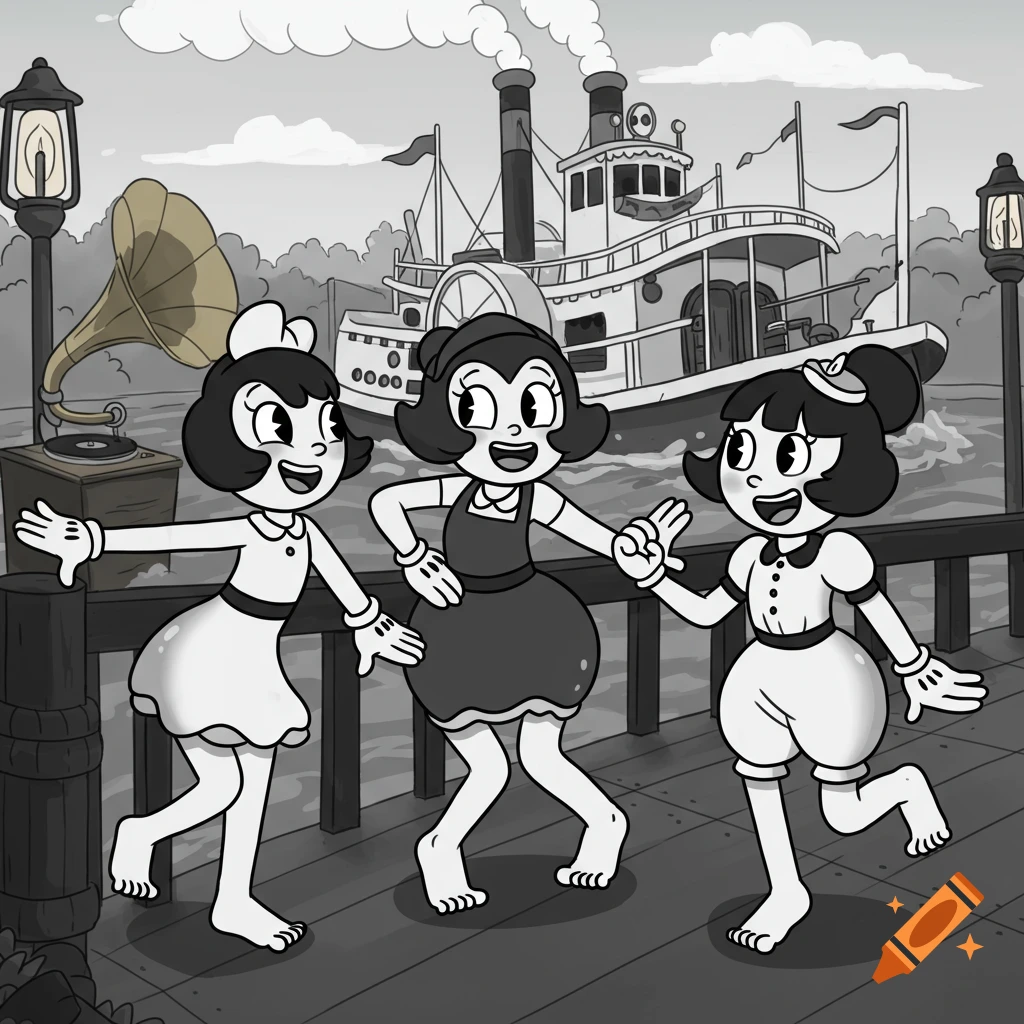 Three cartoon women in a vintage black and white Steamboat Willie style dance on a dock, with a steamboat and a gramophone in the background.
