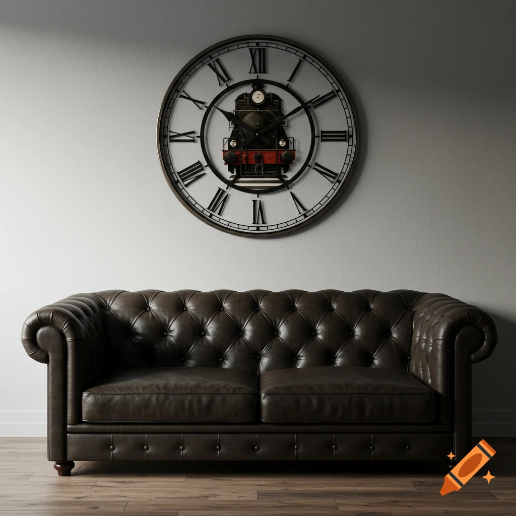 A photorealistic dark brown tufted leather couch against a white wall, with a large decorative clock featuring Roman numerals and a steam engine in its center.