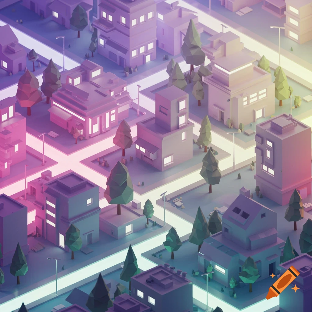 An isometric low-poly cityscape at dusk with glowing roads and buildings, rendered in purple and blue tones.