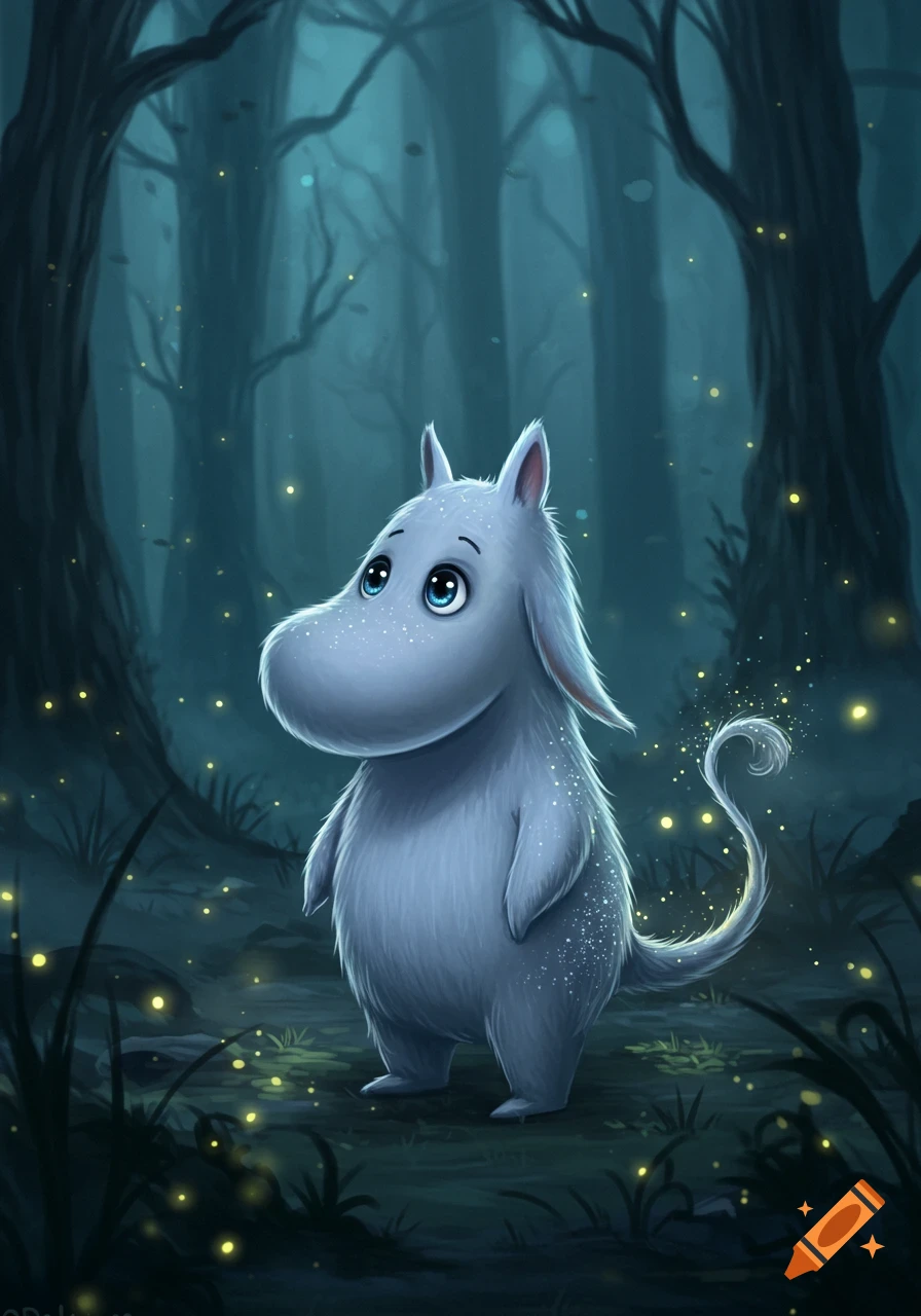A silvery-blue, round, Moomin-like creature with large blue eyes and a sparkly tail stands in a dark, misty forest illuminated by glowing fireflies.