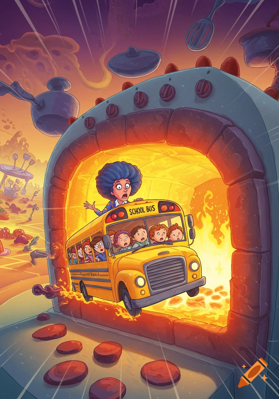 A cartoon school bus, driven by Mrs. Frizzle with scared children, plunges into a giant oven-like structure in a fantastical, food-themed landscape.