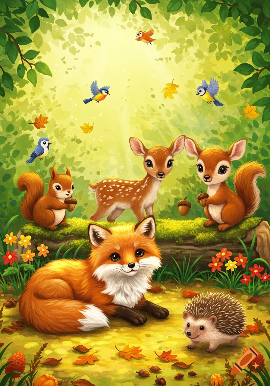 A cute illustrated scene of forest animals including a fox, two squirrels, a fawn, a hedgehog, and birds in a bright green forest with autumn leaves.