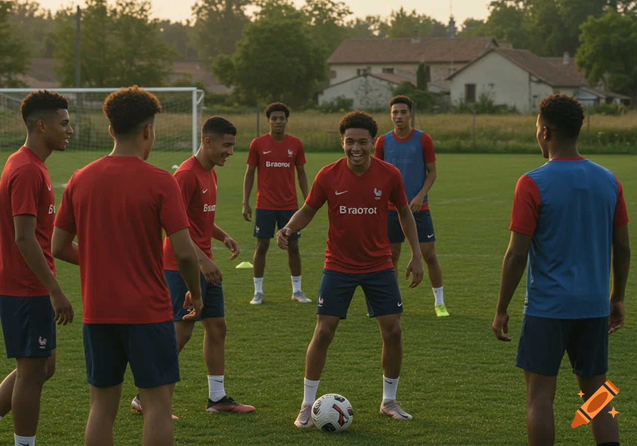 Young French soccer players in red shirts and blue shorts on a field with a ball, some smiling, in a photorealistic style.
