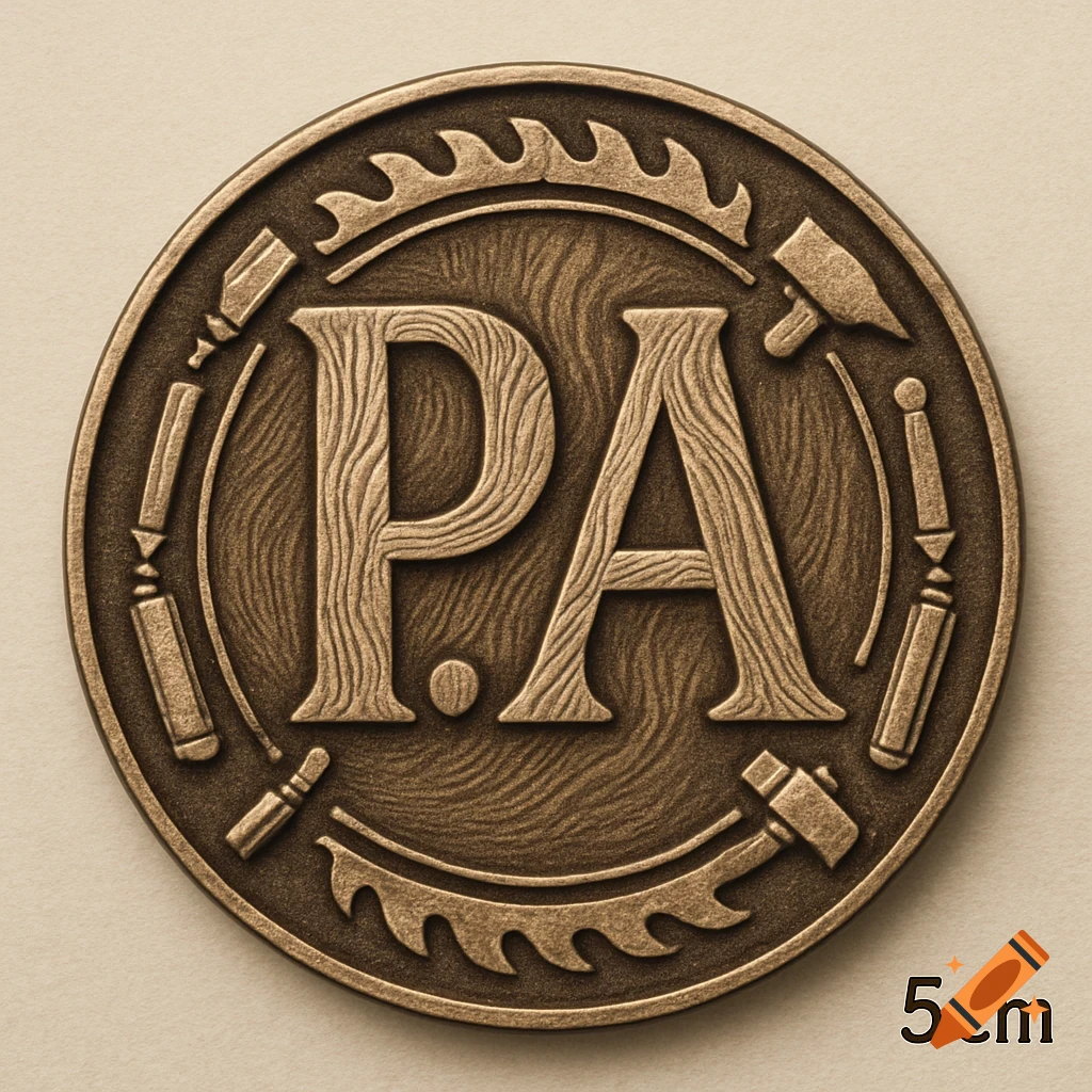A circular bronze-toned medal or brand iron with the initials P.A. in wood grain texture, surrounded by woodworking tools. A '5cm' label is at the bottom right.
