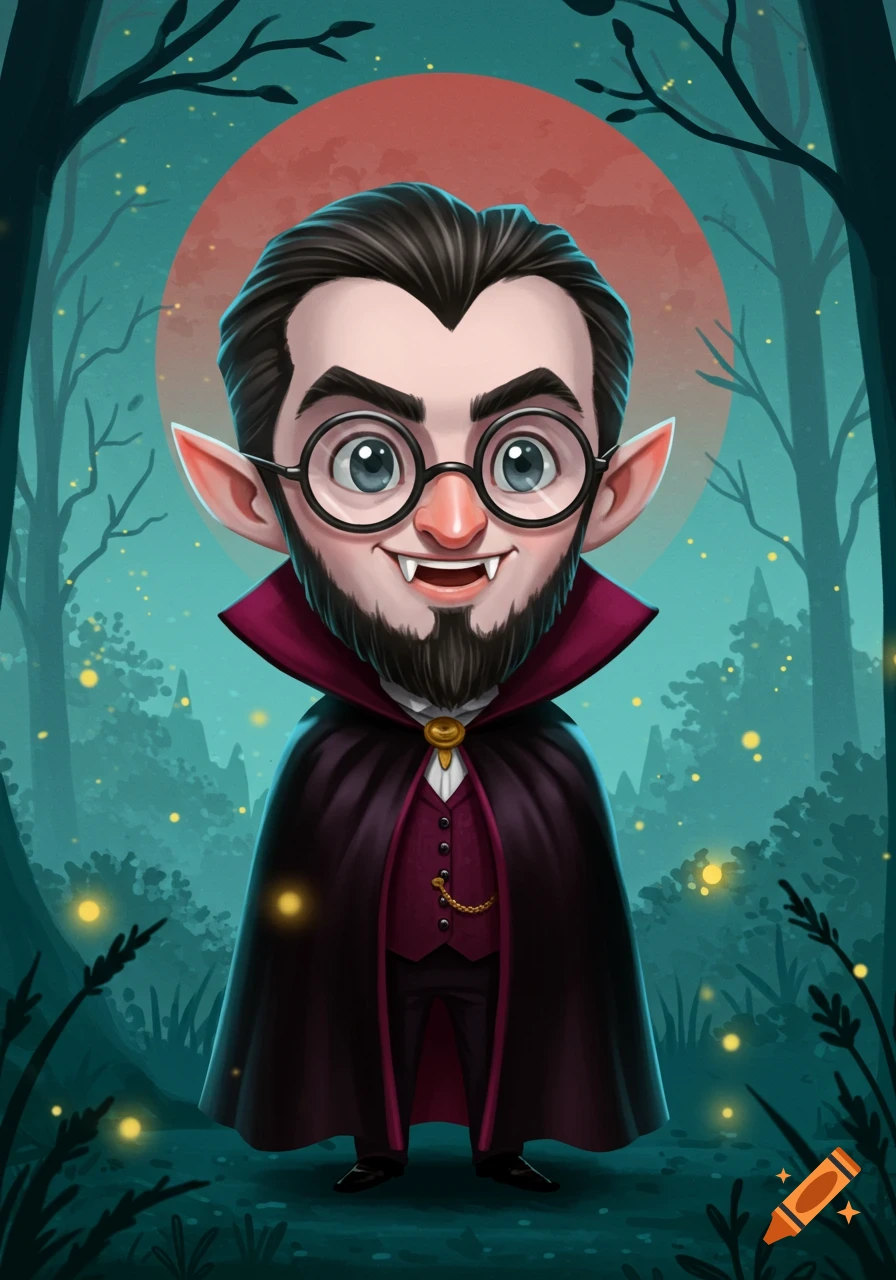 A cute, cartoon Dracula with glasses, beard, and fangs, wearing a cape, stands in a mystical forest under a red moon, cartoon illustration.