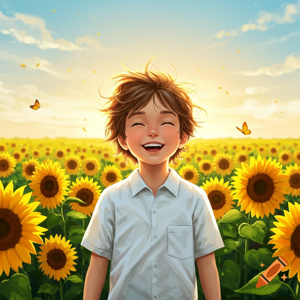 A happy child with messy brown hair and freckles stands smiling with closed eyes in a vibrant field of sunflowers under a bright sky.