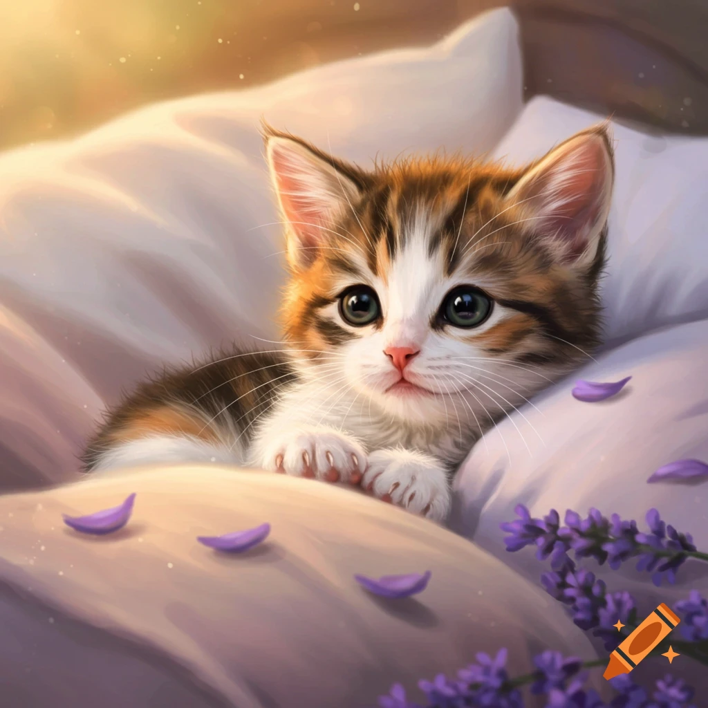A cute calico kitten with large green eyes rests on a soft, light-colored pillow with purple lavender flowers.