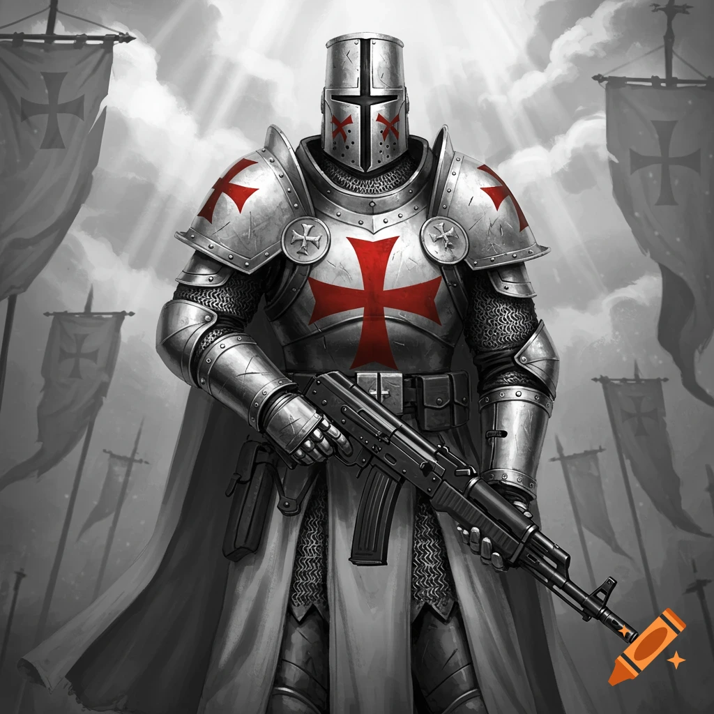 An illustrative image of a templar knight in silver armor with red crosses, holding an AK-47, under dramatic lighting.