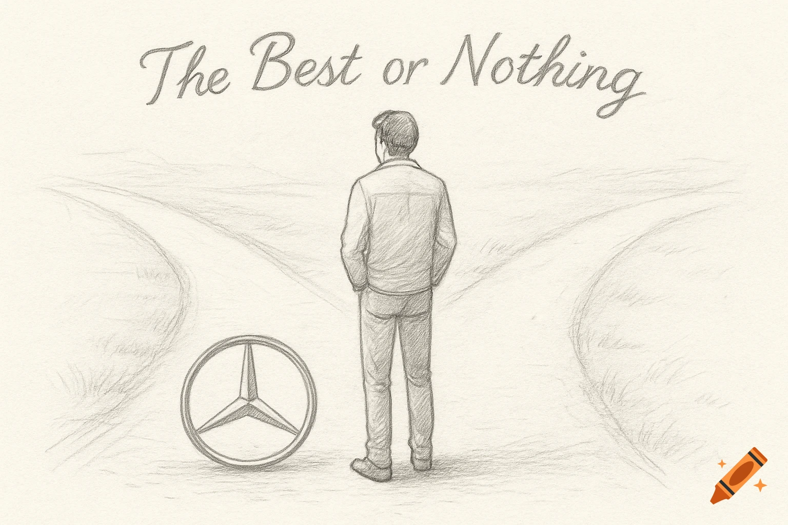 Pencil drawing of a man standing at diverging paths, one with a Mercedes logo. Text above reads 'The Best or Nothing'.