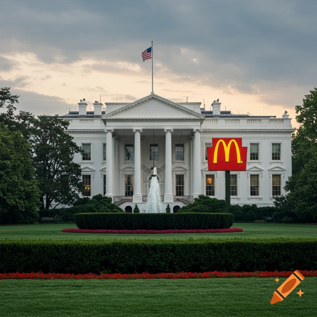 A photorealistic view of the White House with a prominent red McDonald's 'M' sign standing on its front lawn under a cloudy sky.