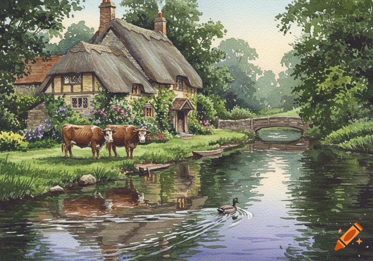 Vibrant watercolor of a thatched English cottage by a river, with two cows grazing on the bank, a duck swimming, and a stone bridge.