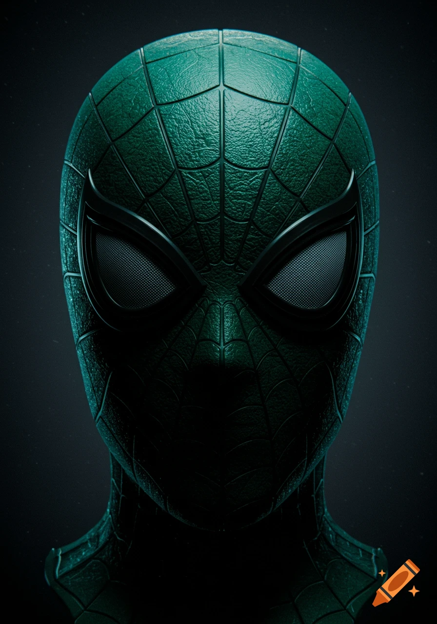 Close-up of a dark green, textured Spider-Man mask with mesh eyes against a dark, moody background.