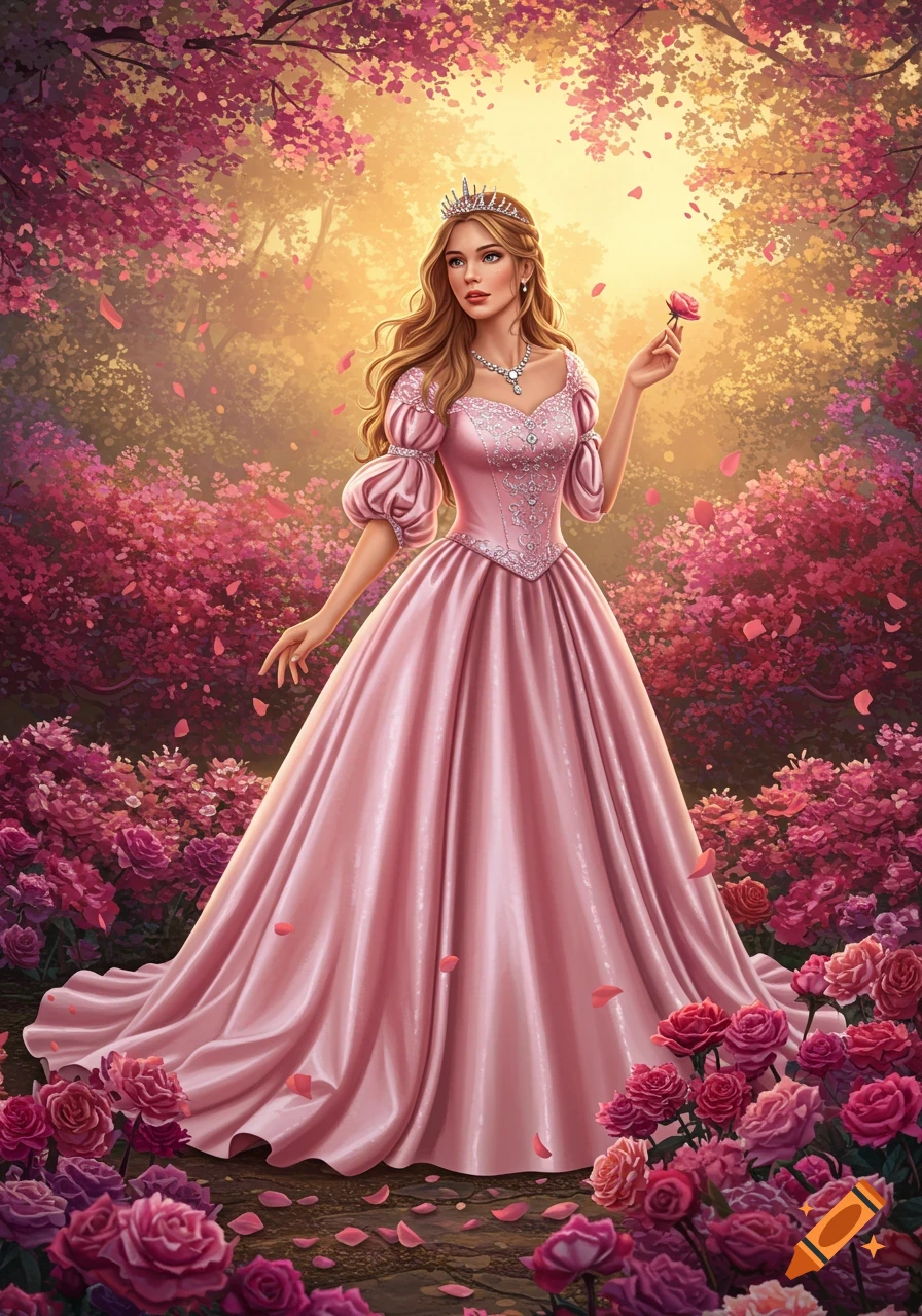 A princess in a pink ball gown stands in a magical rose garden with falling petals, holding a single rose.