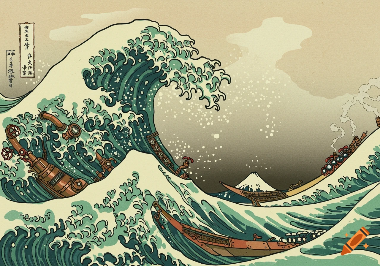 A steampunk-style rendition of Hokusai's Great Wave, with mechanical boats battling large waves and Mount Fuji in the background.