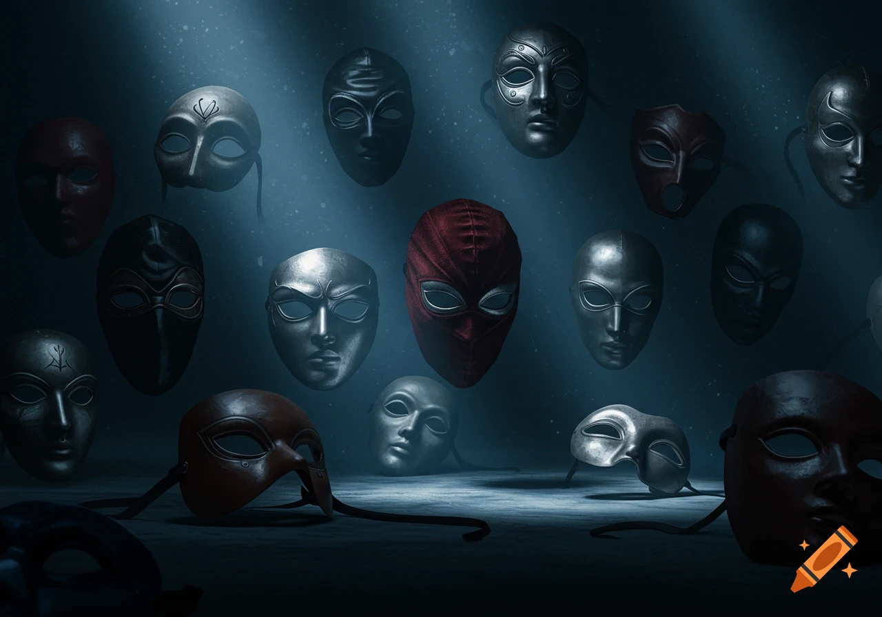 A dark, moody scene with multiple theatrical and villainous masks, some red and some metallic, illuminated by shafts of light.