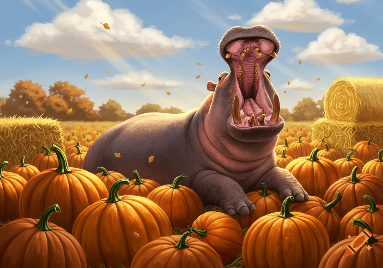 An illustrated happy hippo with its mouth wide open, sitting in a sunny autumn pumpkin patch filled with orange pumpkins and hay bales.
