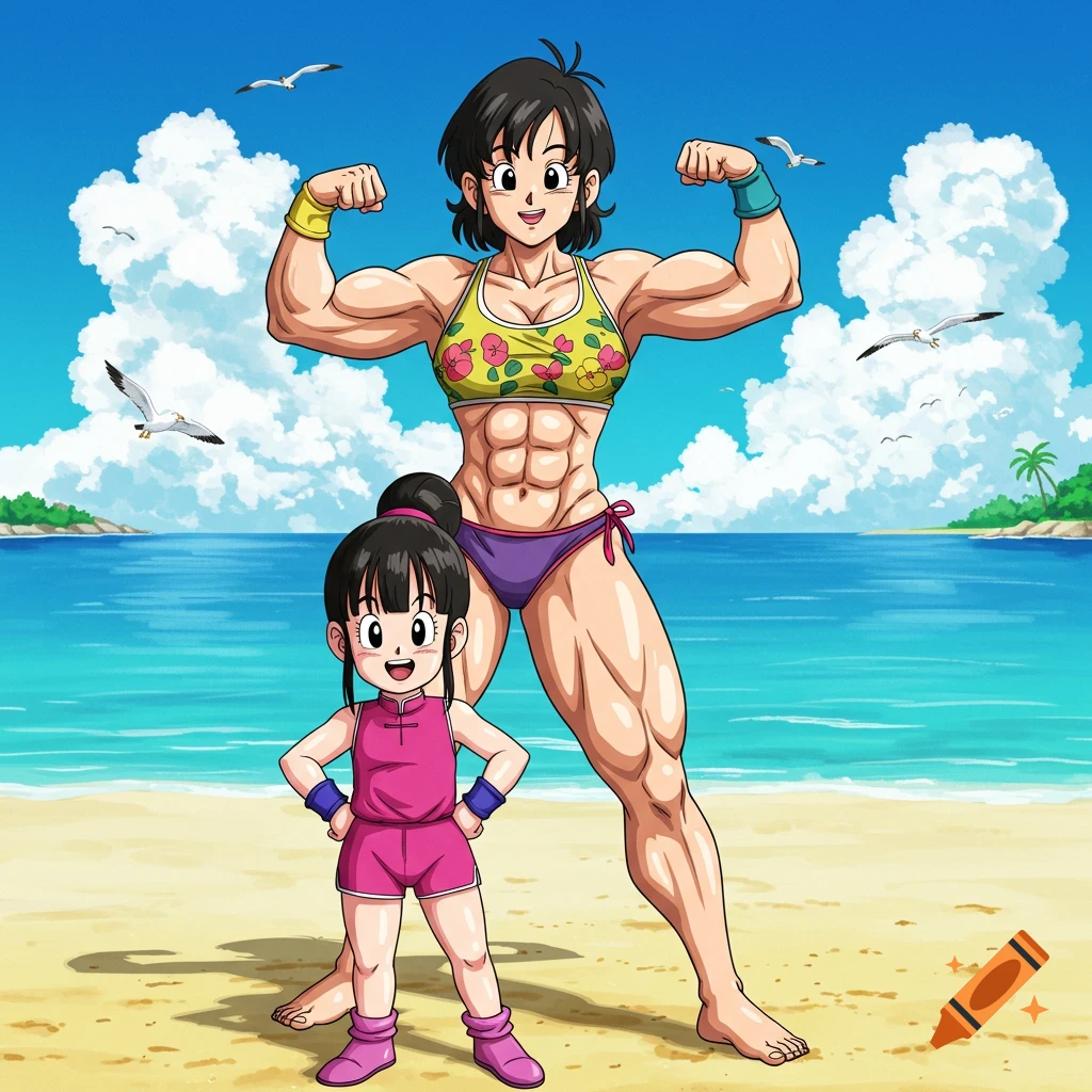An anime woman with a muscular physique flexes in a bikini on a sandy beach next to a young girl in a pink outfit.