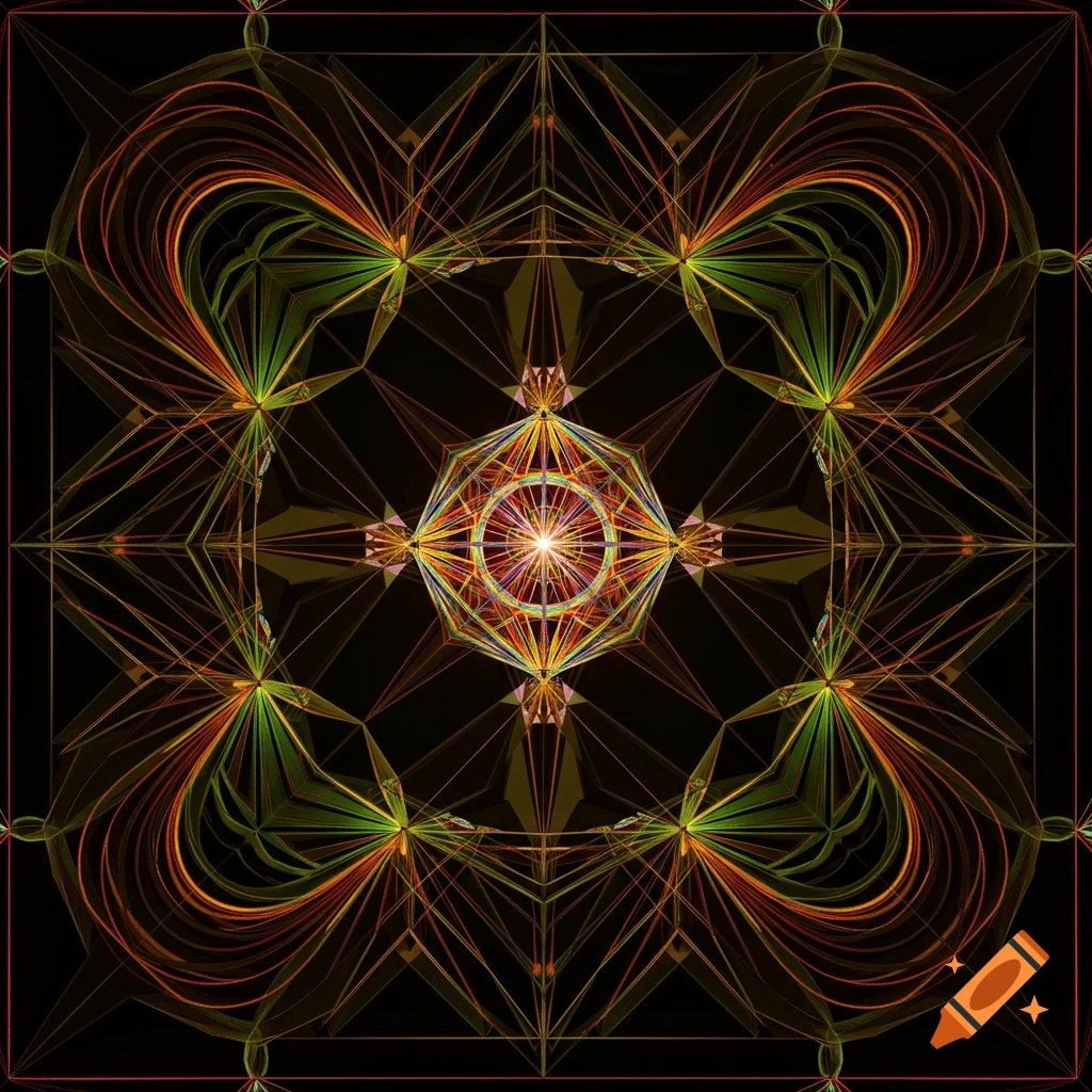 A complex, symmetrical geometric fractal with radiating lines and shapes in green, orange, and red on a black background.