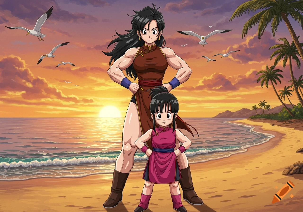 Anime mother and daughter standing on a sandy beach at sunset. The muscular mother flexes her arms while the child stands in front.