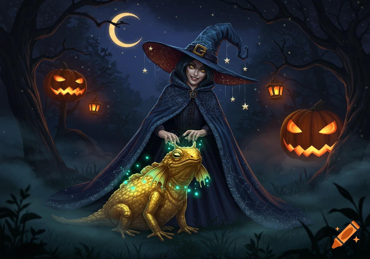 A witch casts a spell on a glowing golden lizard in a spooky Halloween forest with jack-o'-lanterns under a crescent moon.