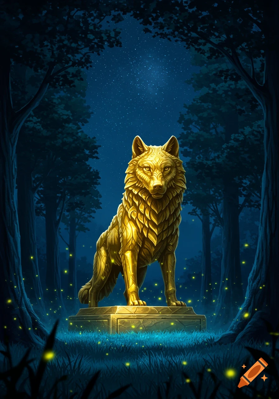 A majestic golden wolf statue stands on a stone pedestal in a magical dark forest under a starry night sky with glowing fireflies.