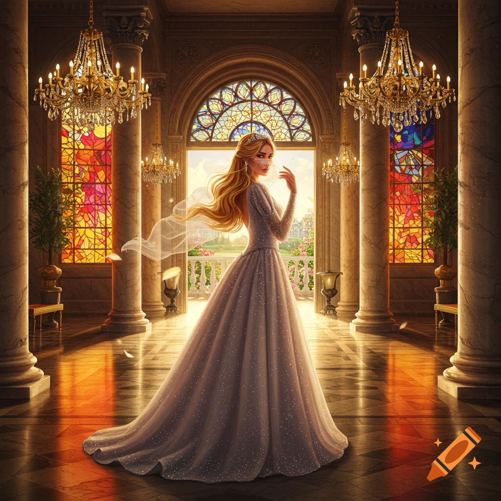 A princess in a sparkling gown stands in a grand palace hall with stained glass windows and chandeliers, looking over her shoulder.