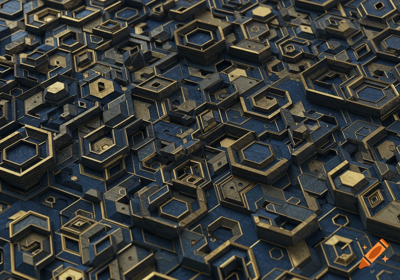 An intricate, dark blue and gold metallic geometric pattern with varying heights and textures, creating a sense of depth.