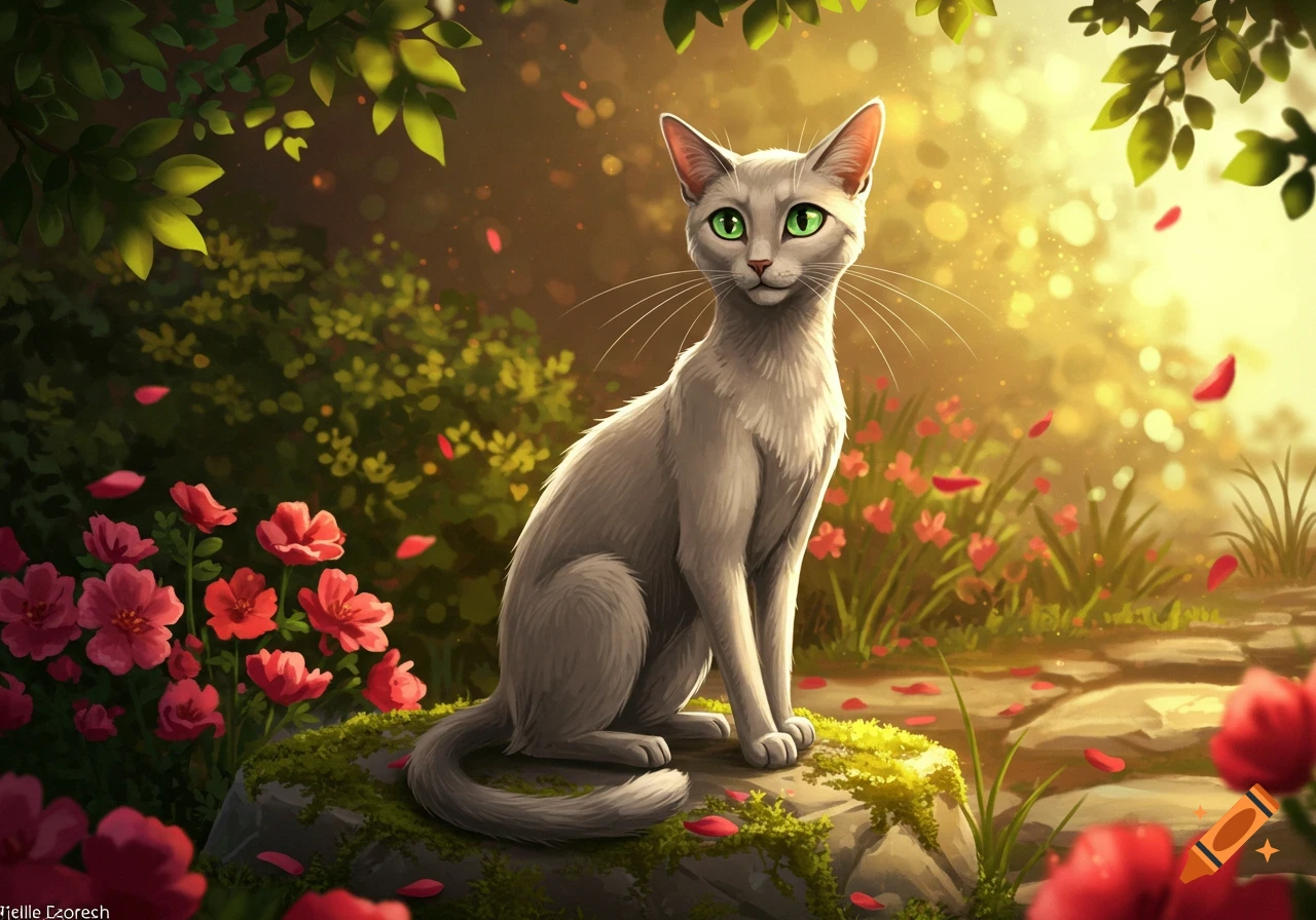 A gray cat with bright green eyes sits on a mossy rock amidst red ...