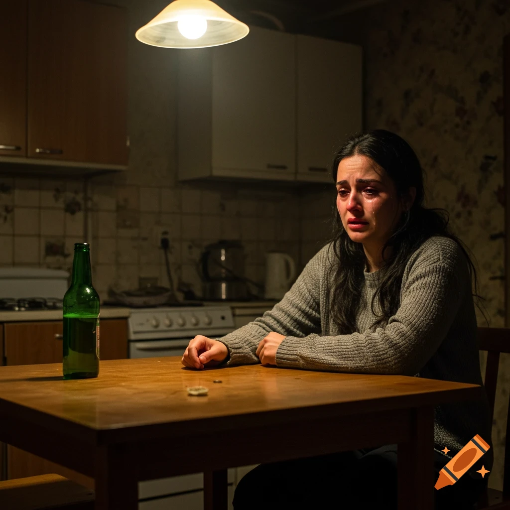 A photorealistic image of a distraught woman with dark hair crying at a kitchen table with a green beer bottle.