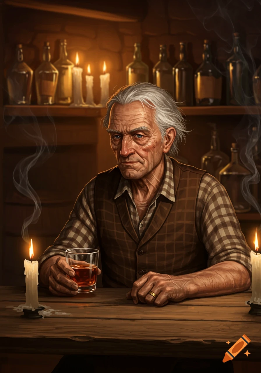 A detailed, realistic portrait of an old man with gray hair, sitting at a wooden table in a dimly lit tavern, holding a glass of whiskey. Candles and bottles are visible on a shelf in the background.