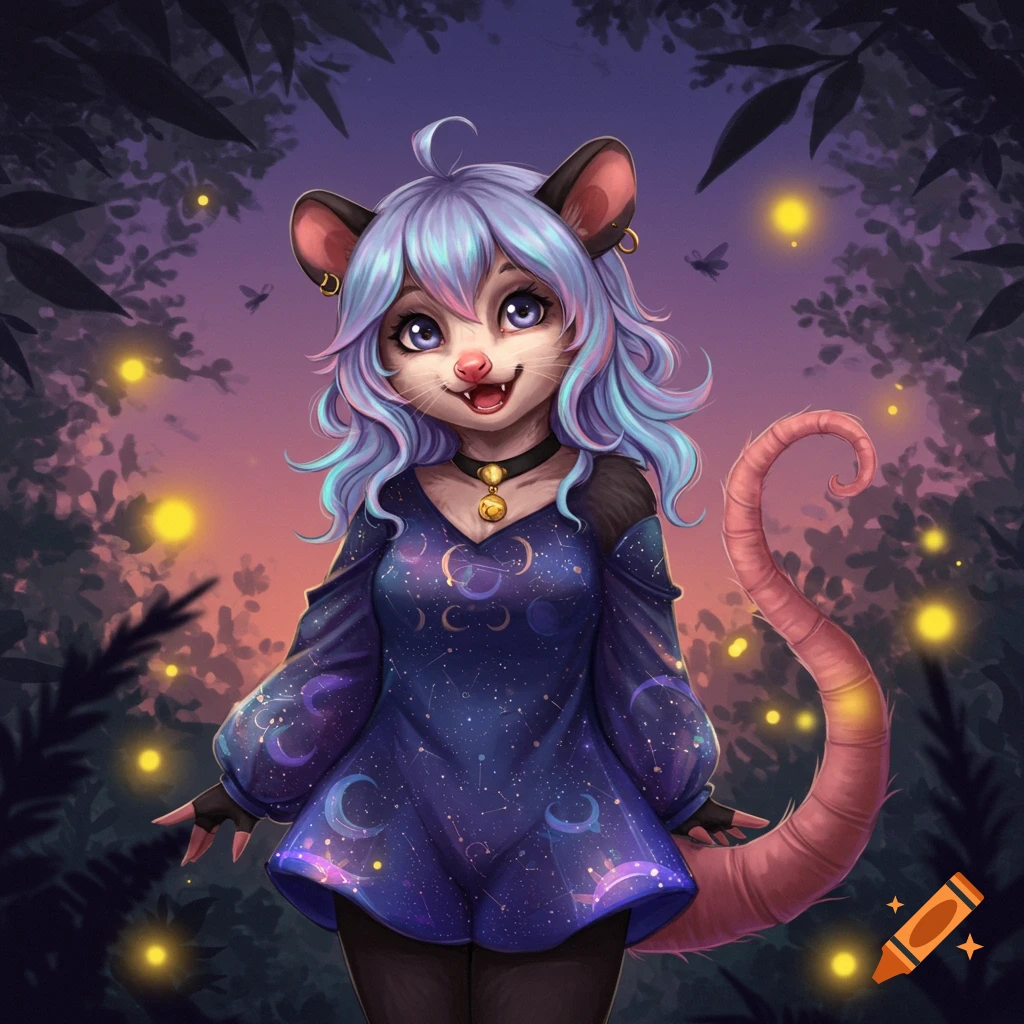 A smiling anime-style anthropomorphic opossum girl with pastel blue hair and a celestial dress stands in a magical forest at dusk with fireflies.
