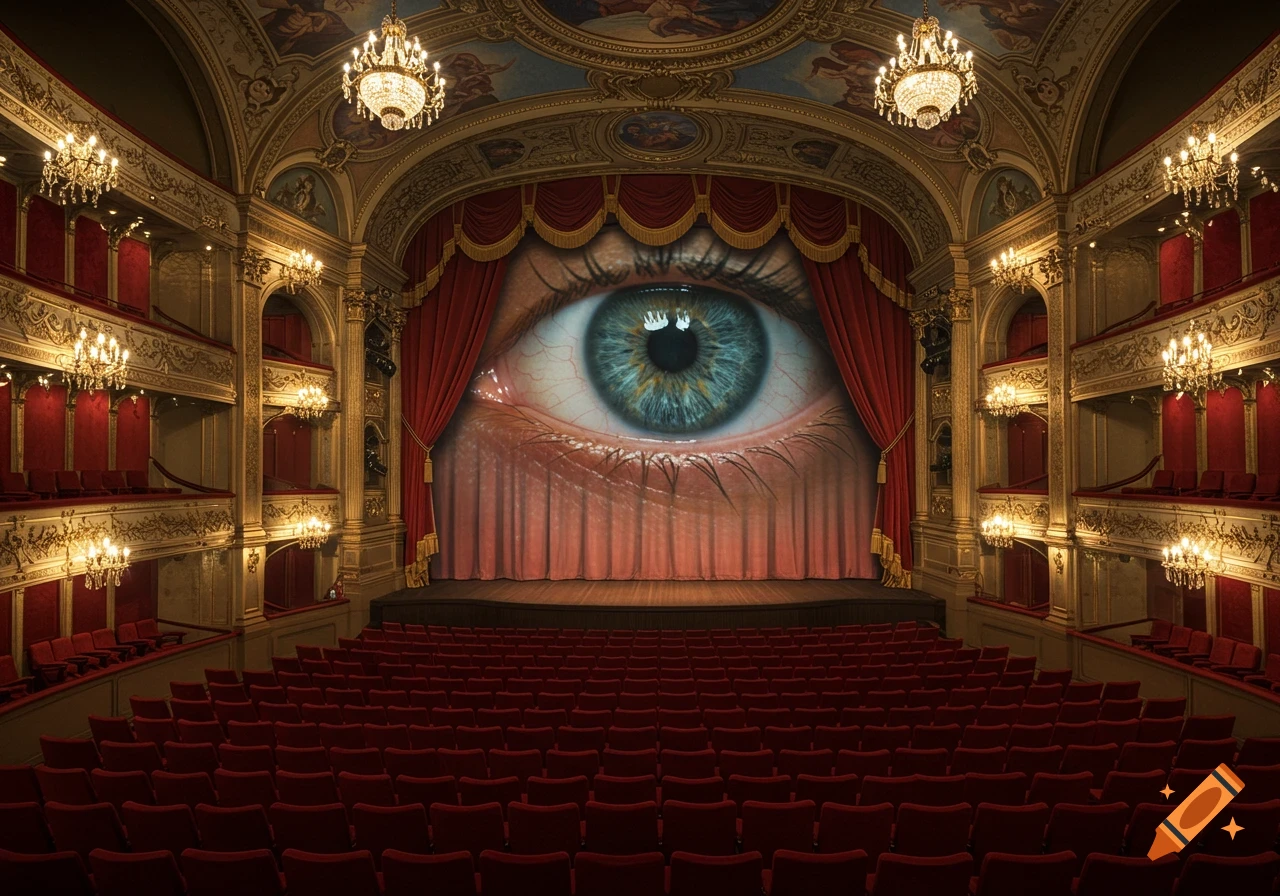 A grand, ornate theater with red velvet seats and gold accents, featuring a large, realistic blue eye depicted on the main stage curtain.