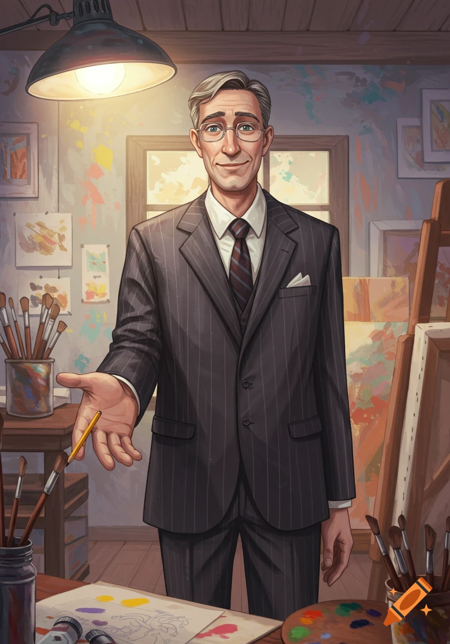 Illustrated portrait of a smiling man in a pinstripe suit, holding out a pencil in an art studio.