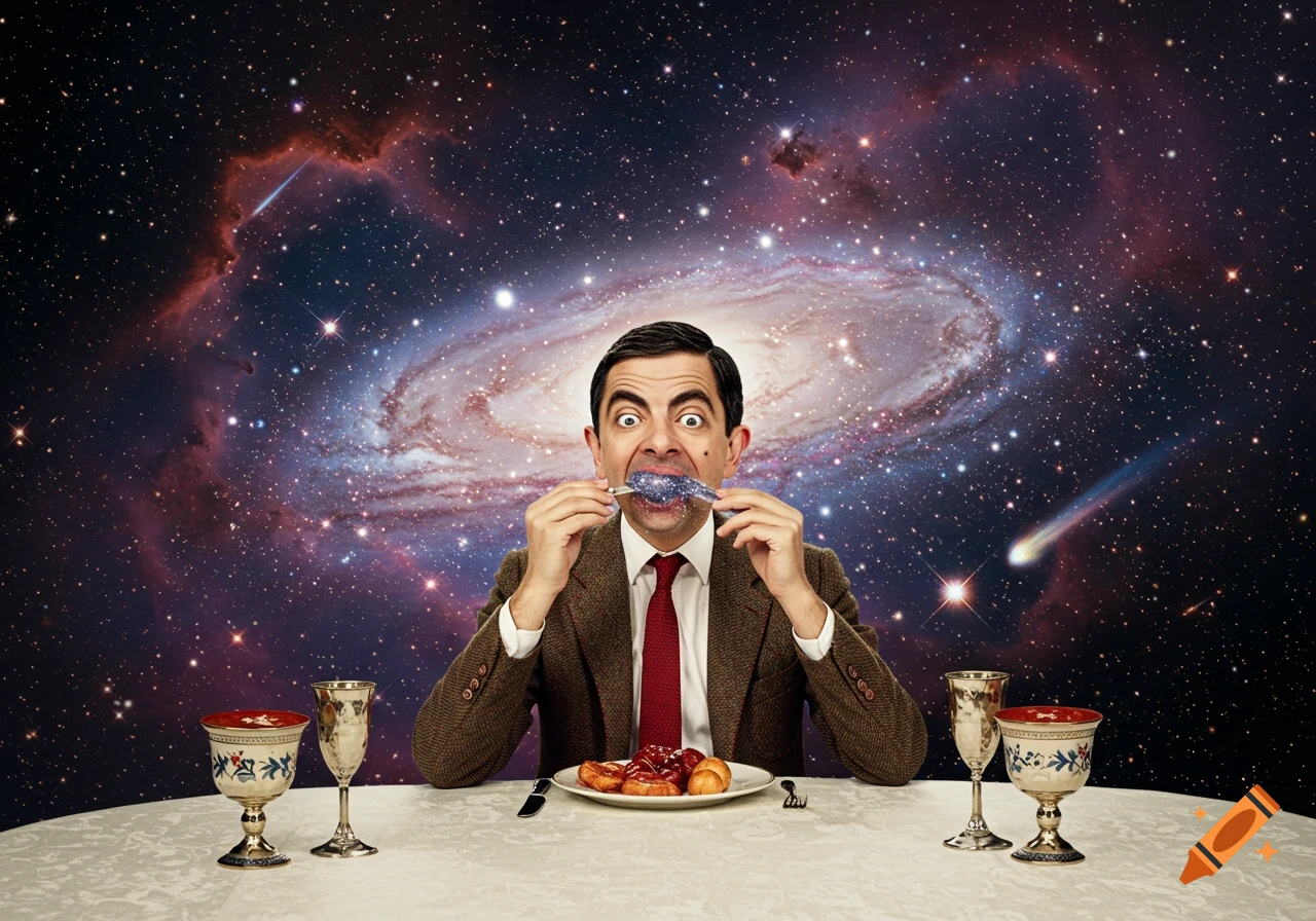 Mr. Bean with a wide-eyed expression, eating a purple object at a white table in front of a galaxy background.
