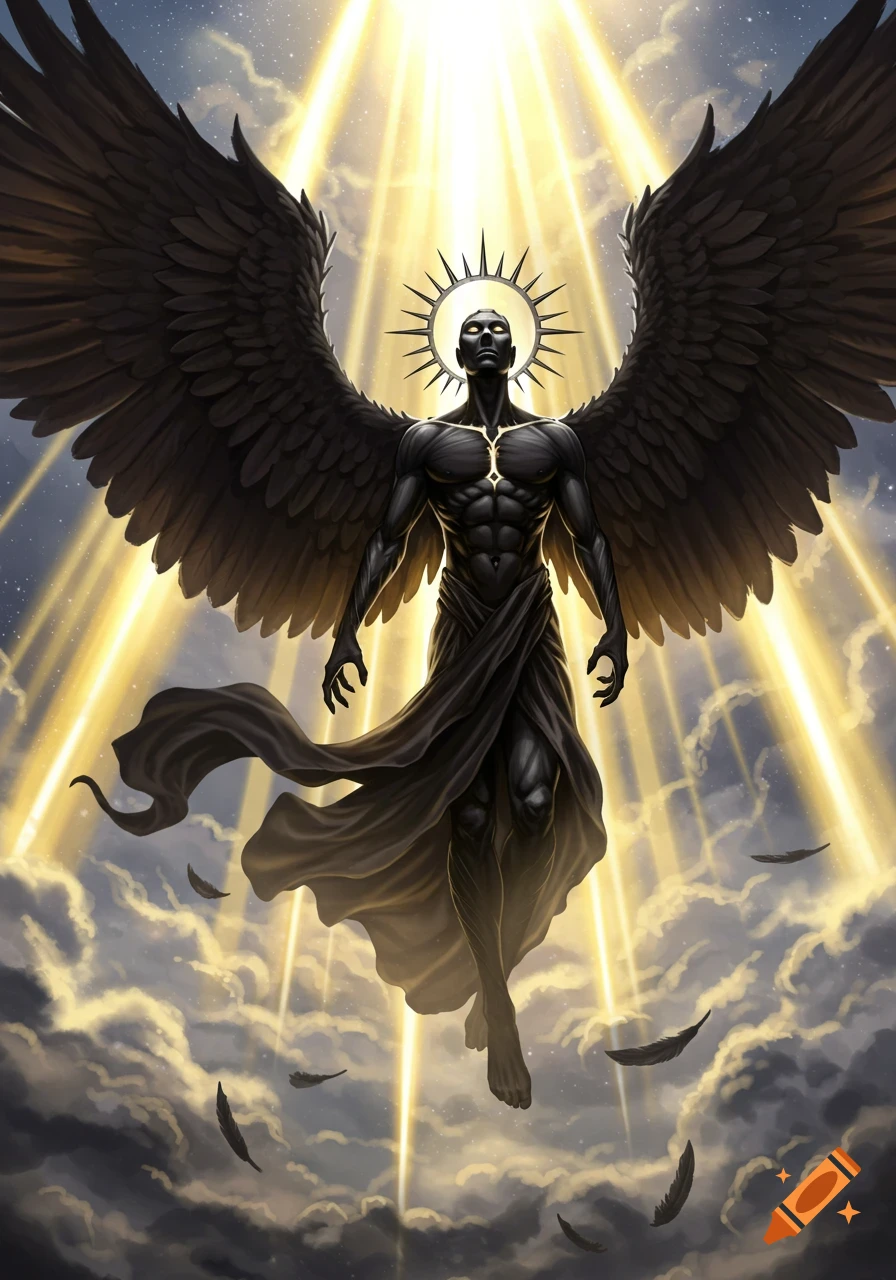 A muscular, dark-skinned angel with large black wings and a spiked halo descends through clouds, bathed in golden light.