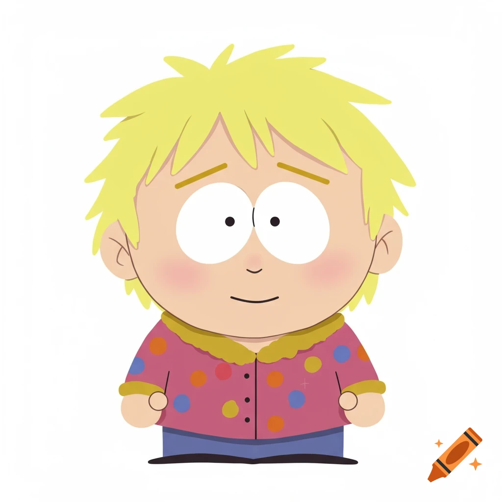 A 2D South Park-style kid with light blonde spiky hair, wearing a pink shirt with colorful polka dots, on a white background.