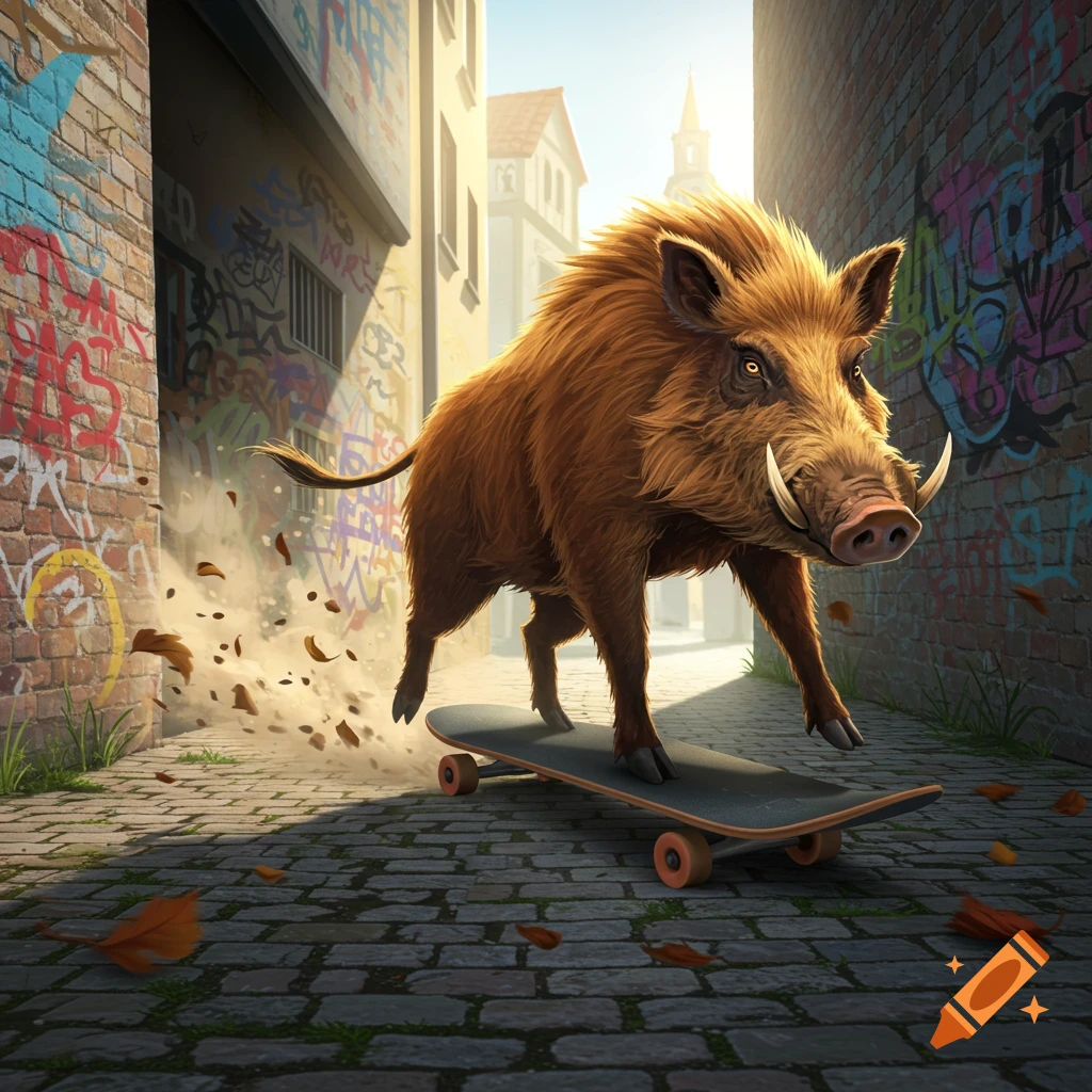 A wild boar on a skateboard rides down a graffiti-covered alley, kicking up leaves.