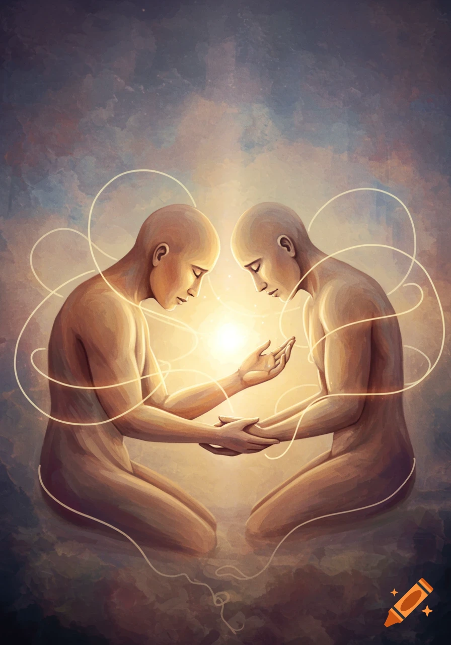 Two bald figures kneel, light glowing between their hands, connected by luminous lines in a spiritual art style.